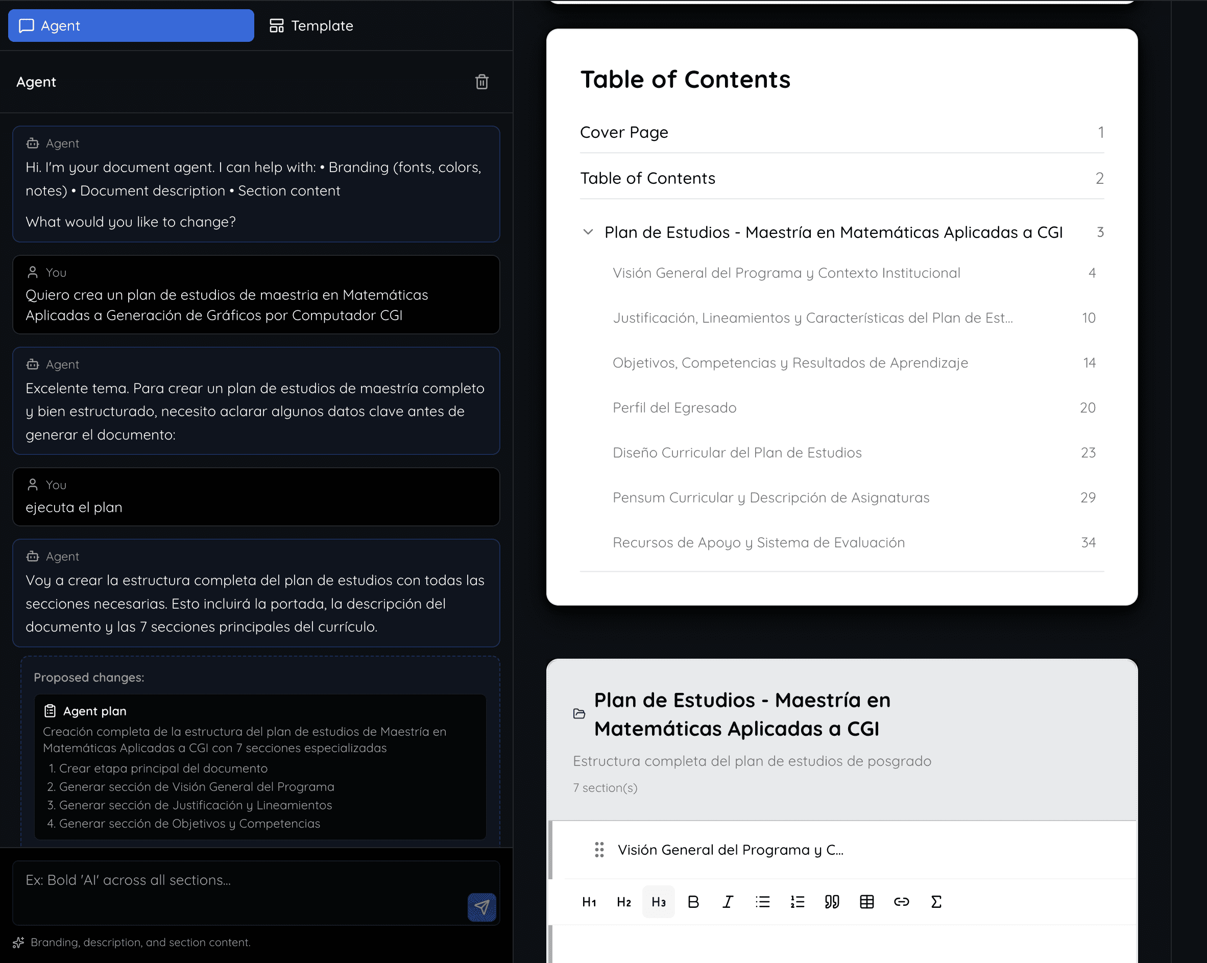 Agent chat sidebar proposing revisable changes to the document