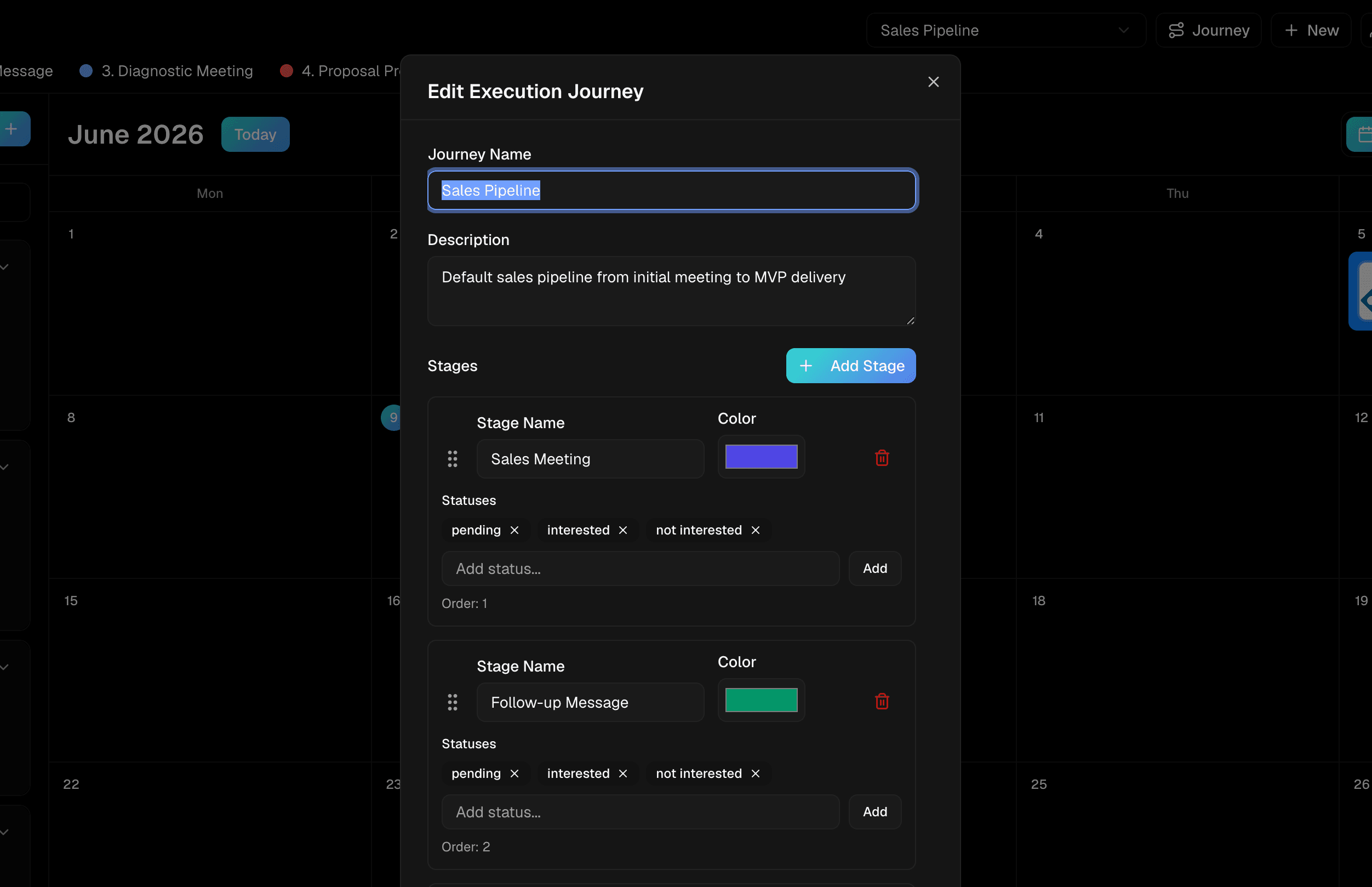 Journey builder with ordered stages, colors and per-stage statuses
