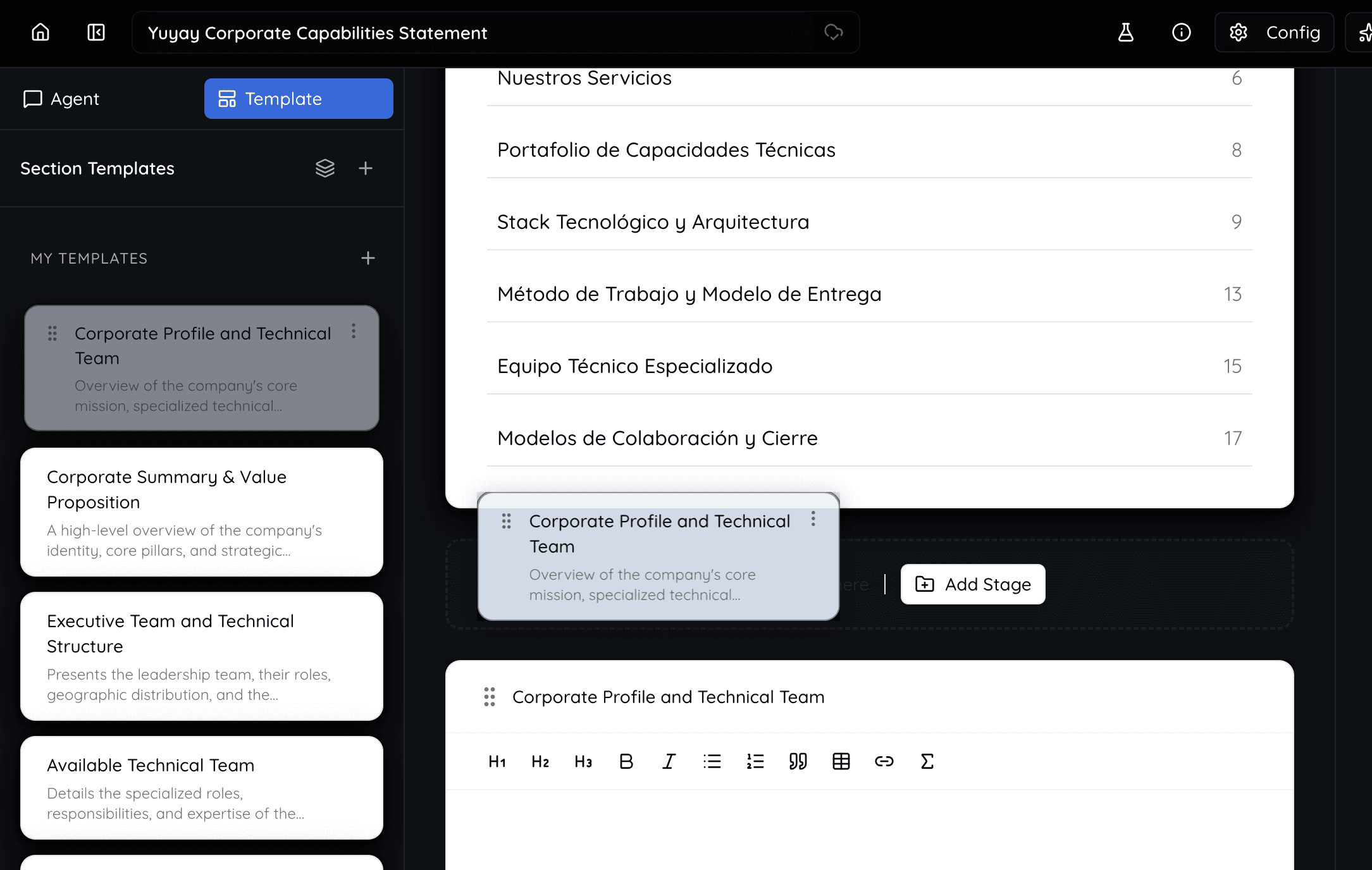 Three-column document editor with templates, sections and live preview