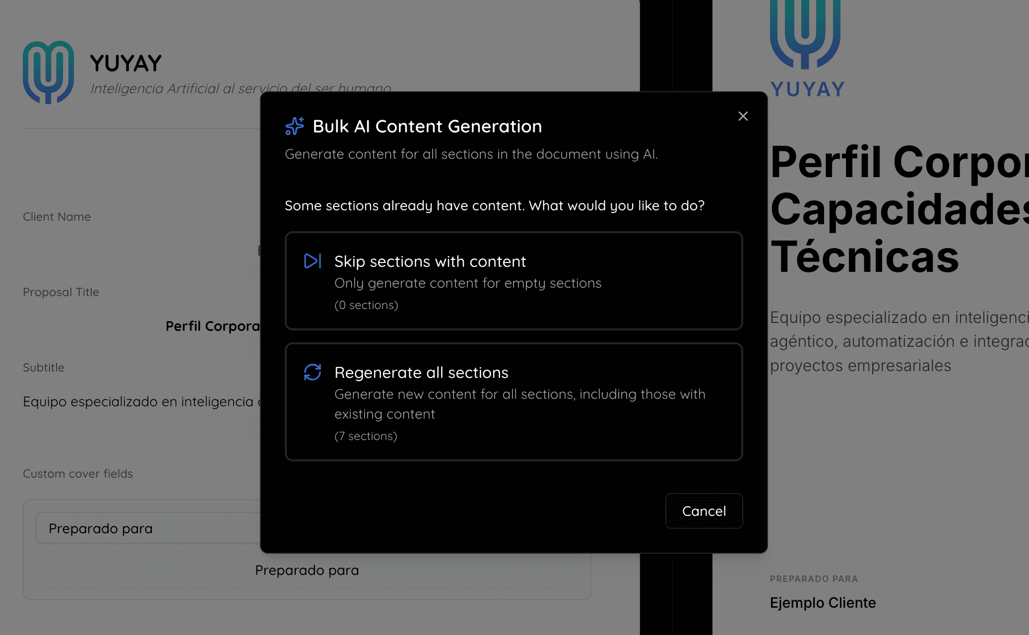 Bulk generation progress across all sections of a document