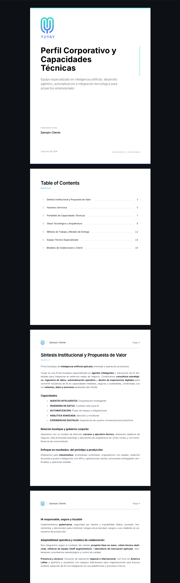 Paginated PDF-style preview with cover, table of contents and section pages