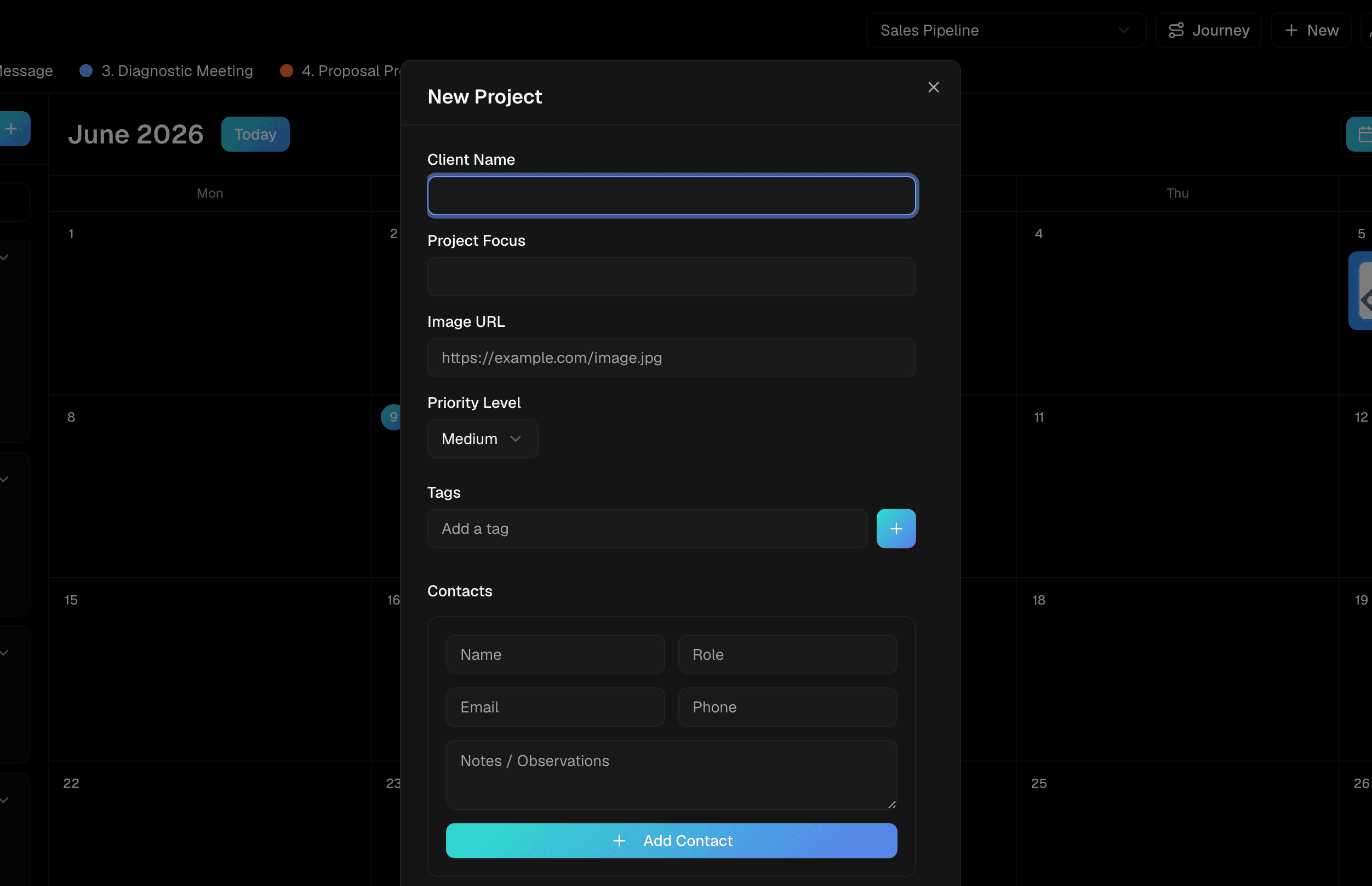 Project sidebar showing details, contacts, priority and tags