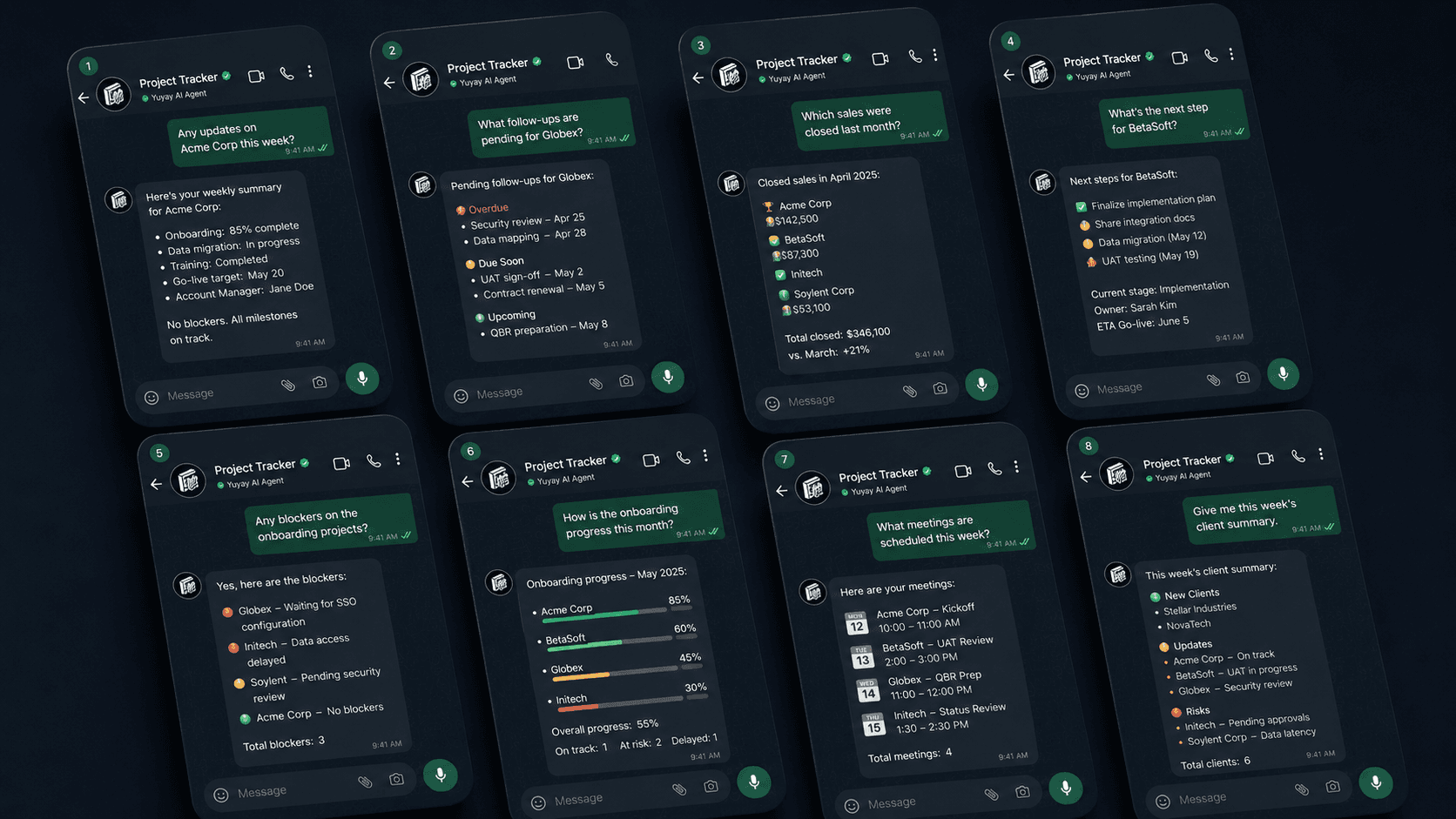 WhatsApp conversation with the AI agent answering project status questions