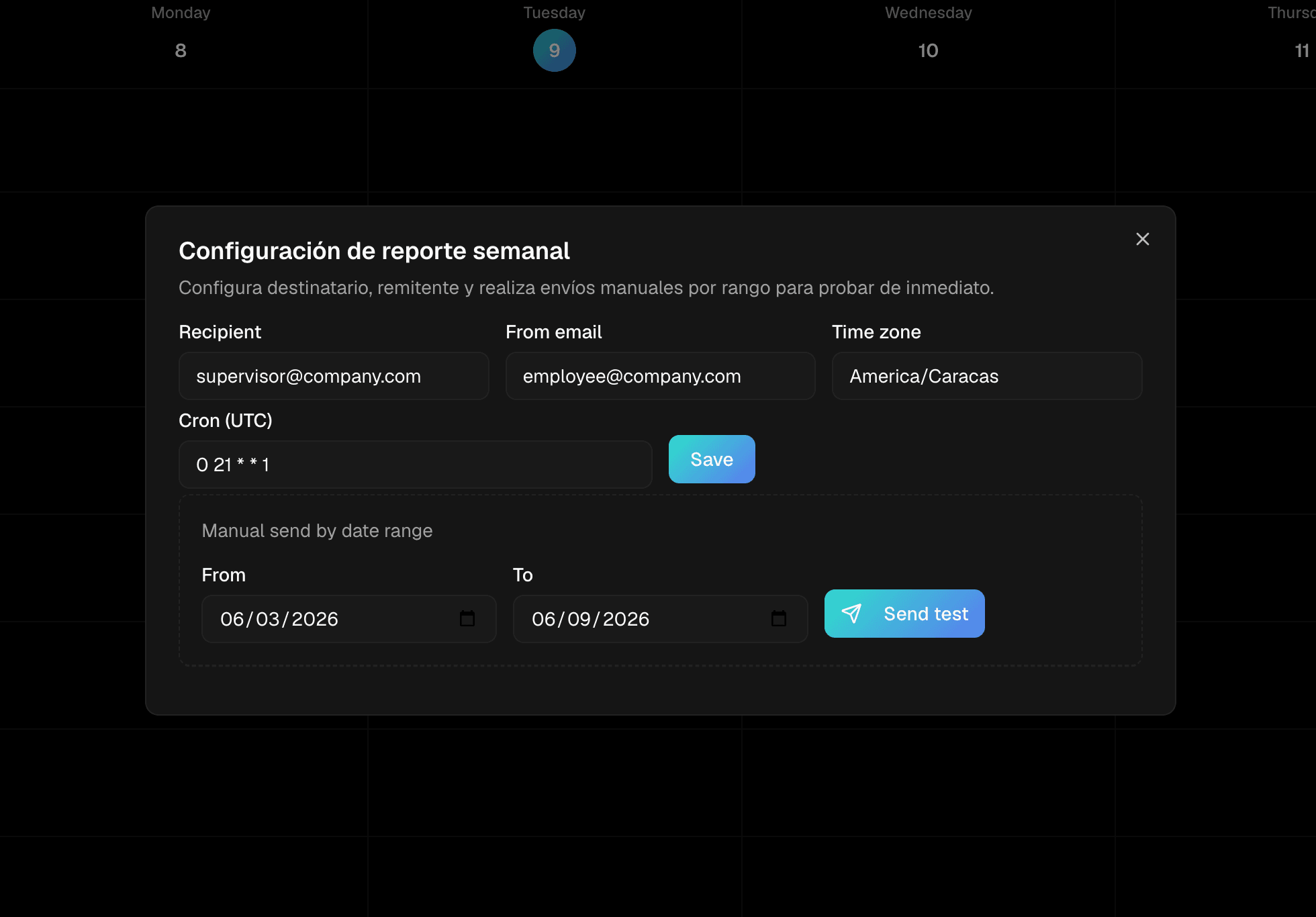 Weekly executive report configuration with recipient and cron settings